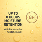 Promotional graphic for Barenate Gel with Aristoflex AVC, highlighting moisture retention on a yellow background.