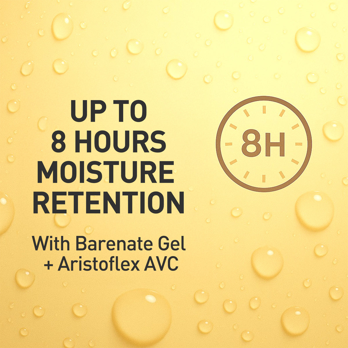 Promotional graphic for Barenate Gel with Aristoflex AVC, highlighting moisture retention on a yellow background.