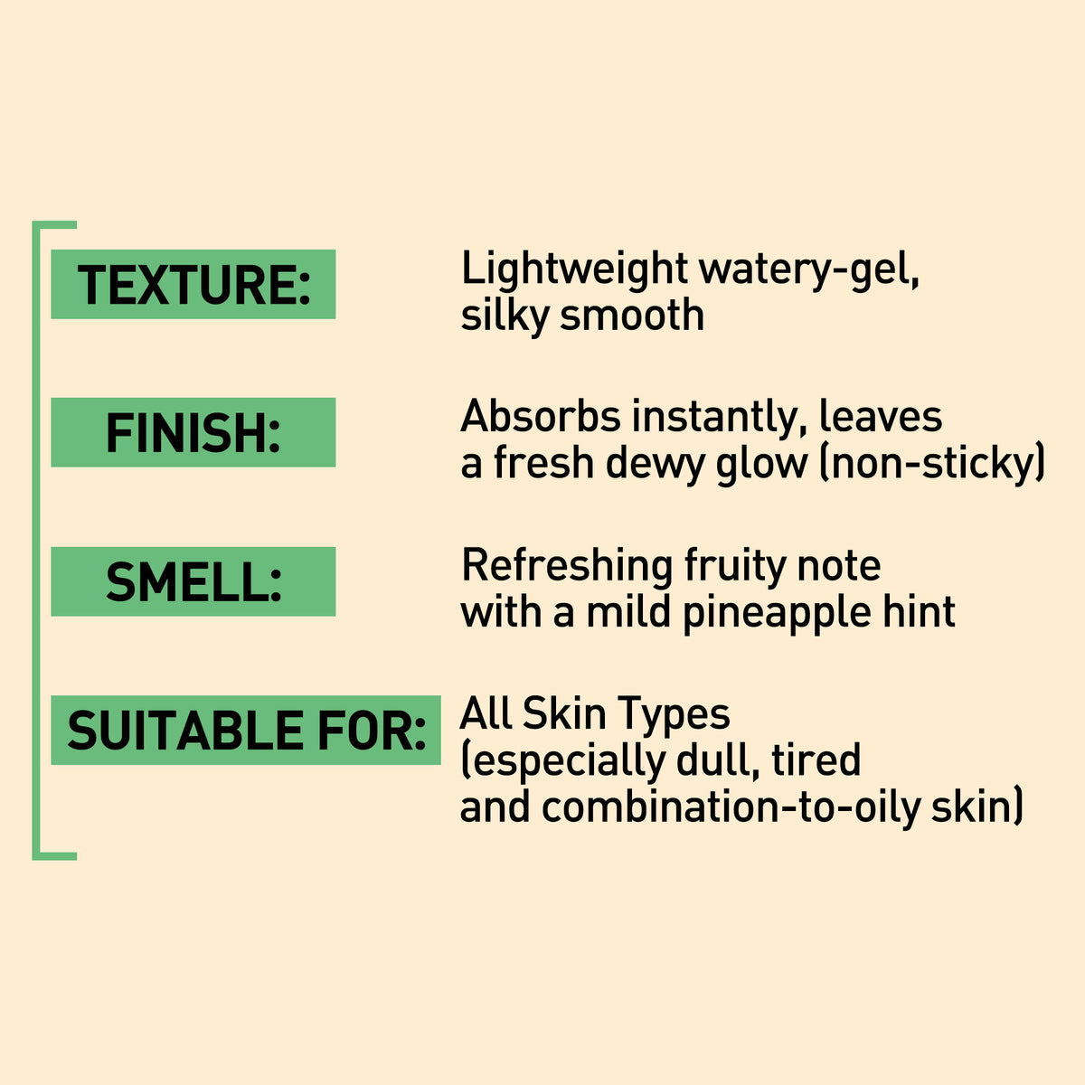 Product description card with text on a beige background