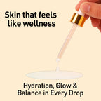 Hand holding a dropper with a beige background and text about skincare products.
