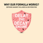 Pink shield with text 'DELAY THE DECAY ENGINE' on a beige background