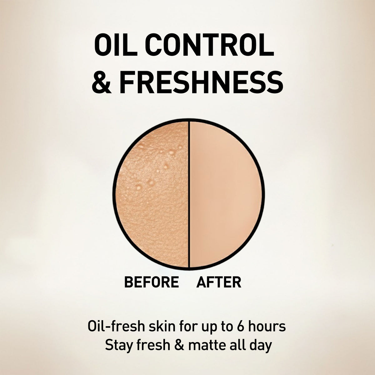 Before and after comparison of oil control and freshness with a beige background.