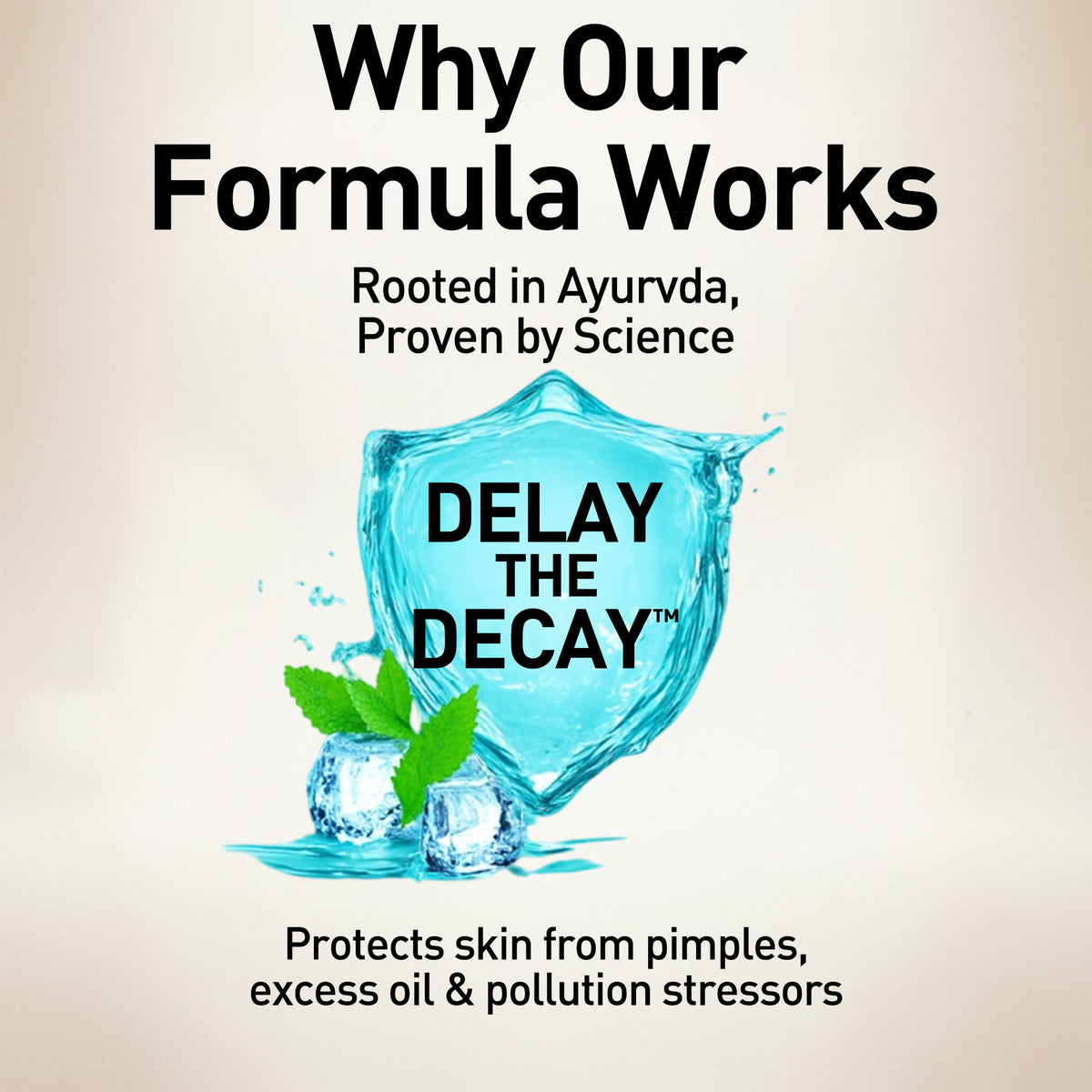 Promotional graphic for a skincare product with a blue shield and text about its formula and benefits.