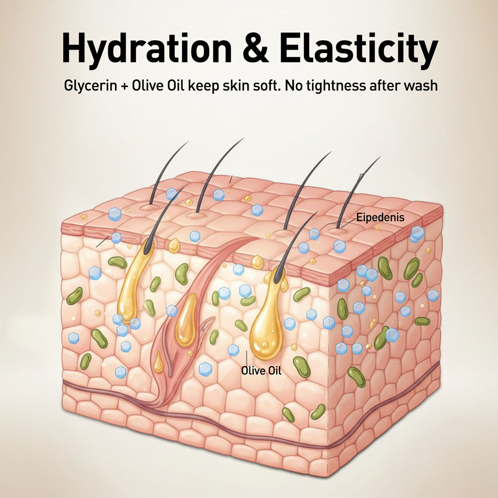 Illustration of skin with Glycerin and Olive Oil applied, highlighting hydration and elasticity benefits.