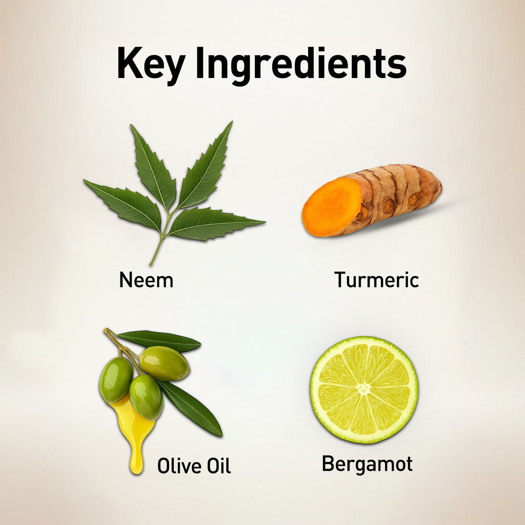 Key ingredients including Neem, Turmeric, Olive Oil, and Bergamot on a beige background.