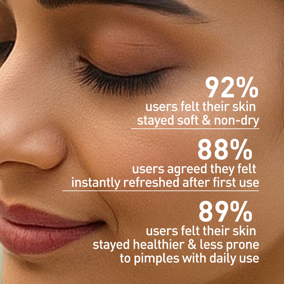 Close-up of a person's face with skincare product text overlay showing user feedback.