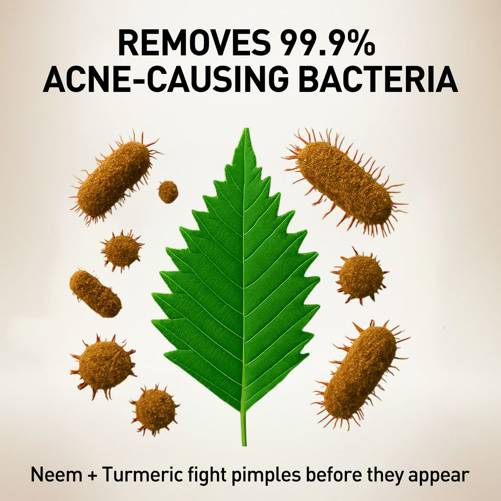 Illustration of acne-causing bacteria and a green leaf with text about removing bacteria.