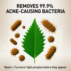 Illustration of acne-causing bacteria and a green leaf with text about removing bacteria.