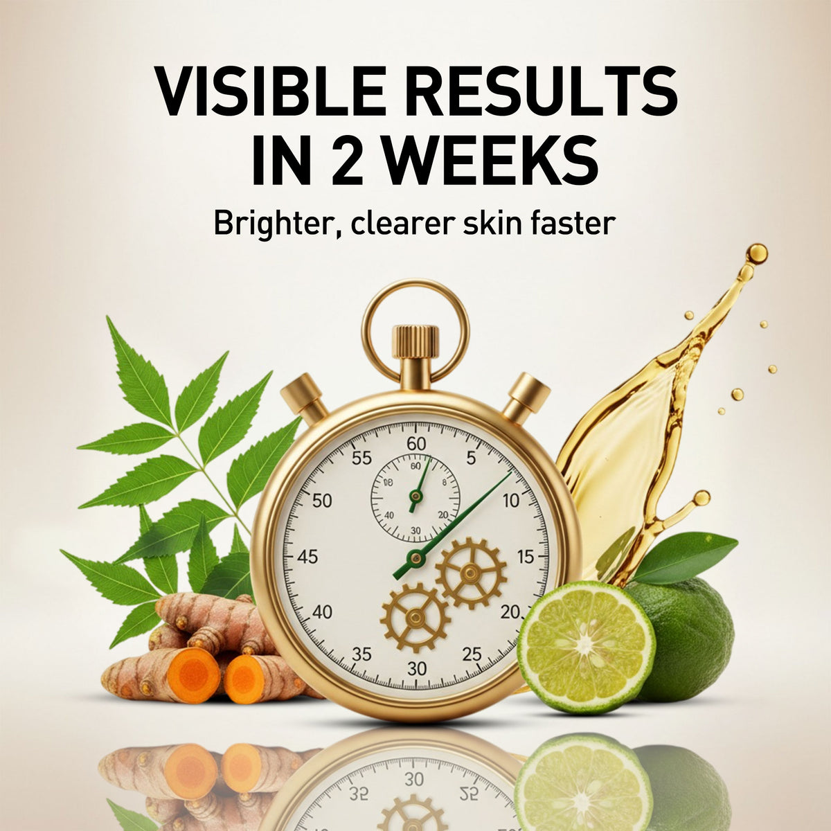 Promotional graphic with a gold stopwatch, lime, turmeric, and leaves, featuring text about visible skin results.
