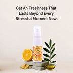 Product bottle with orange, leaves, and oil on a light background with text.