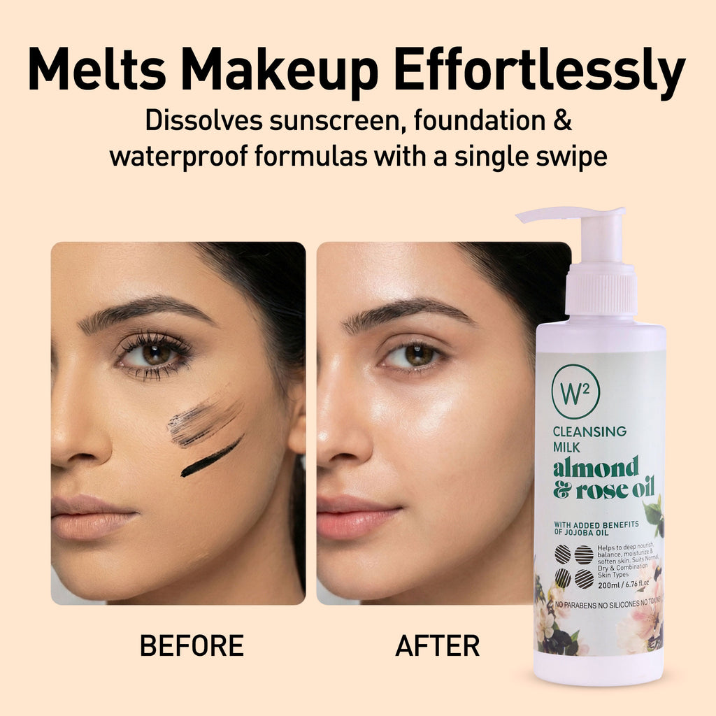 Product advertisement showing a before-and-after effect of makeup removal with a cleansing milk bottle.