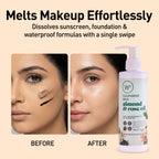 Product advertisement showing a before-and-after effect of makeup removal with a cleansing milk bottle.