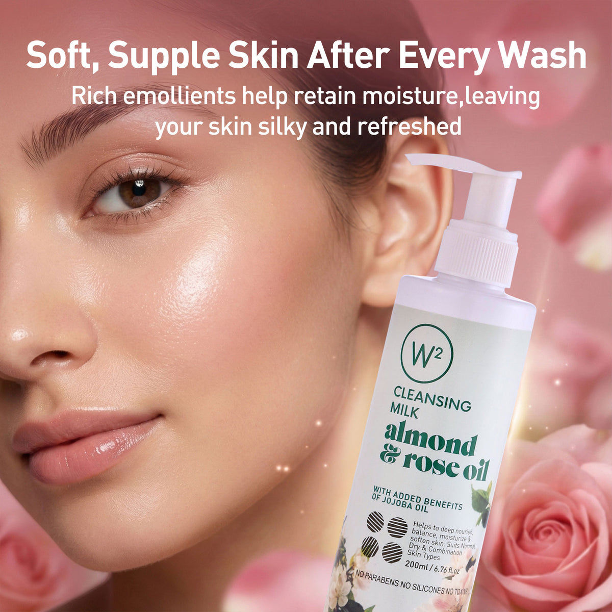 Woman's face with a bottle of W2 Cleansing Milk featuring almond and rose oil on a pink floral background.