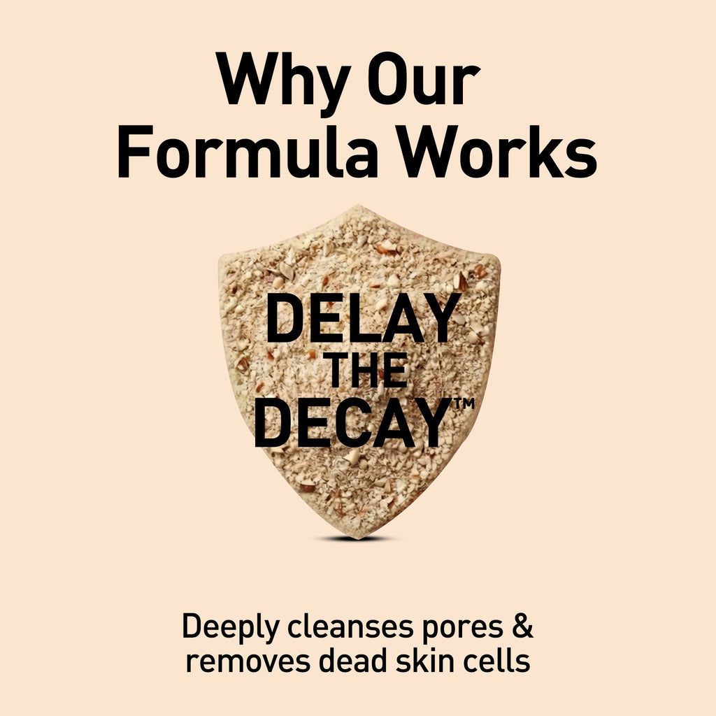 Product packaging with 'Delay the Decay' text on a beige background