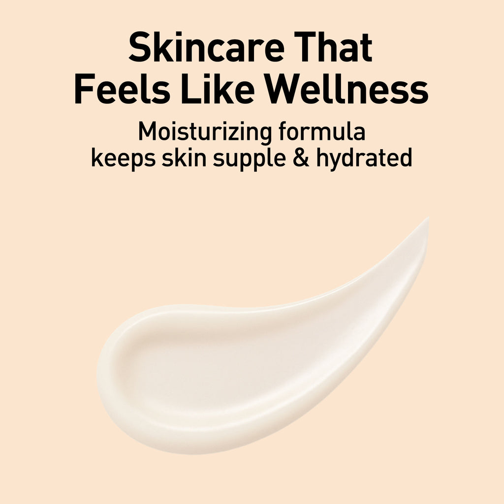 Skincare product smear with text 'Skincare That Feels Like Wellness' on a beige background