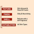 Product description card with texture, finish, smell, and suitability for skin types on a beige background.