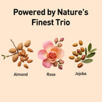 Three natural elements (almonds, rose, and jojoba) with text 'Powered by Nature's Finest Trio' on a beige background.