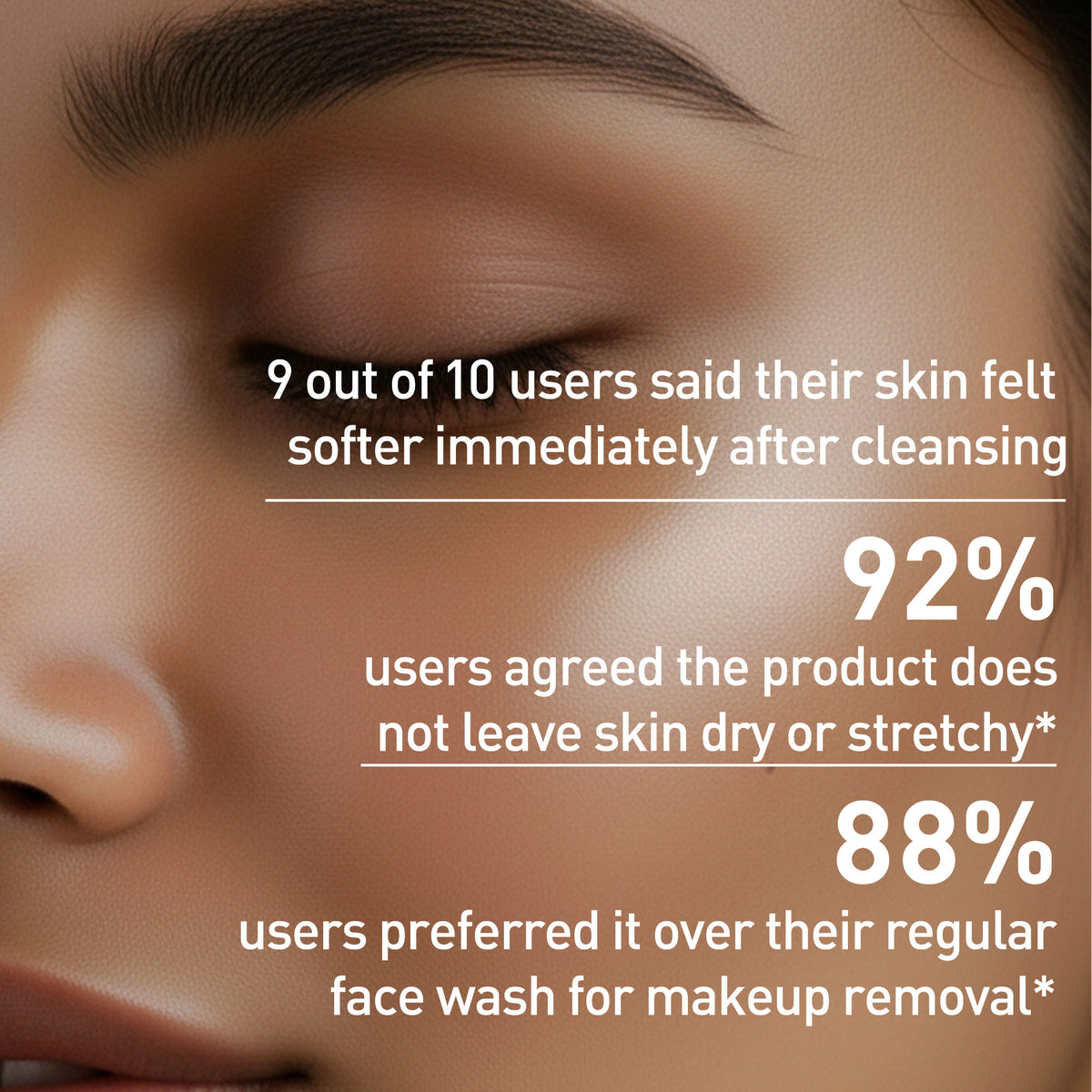 Close-up of a person's face with text about product user feedback on skin softness and texture.