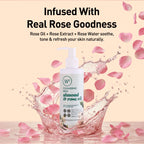 Cleansing milk bottle with rose petals and text on a pink background
