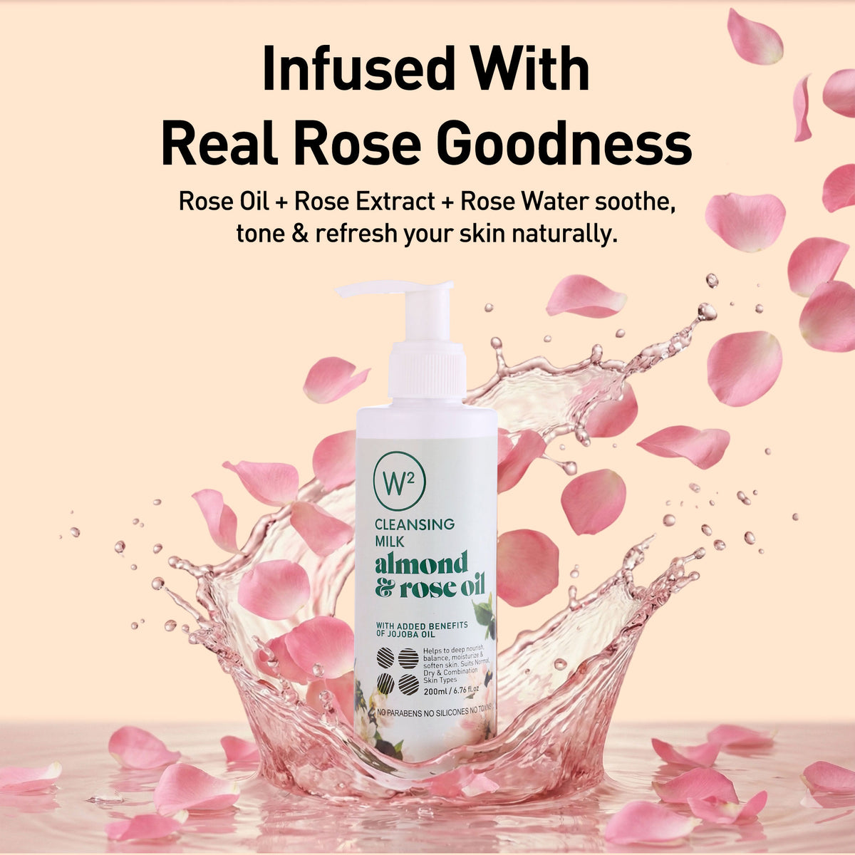 Cleansing milk bottle with rose petals and text on a pink background