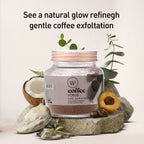 Jar of coffee scrub with natural elements on a light background