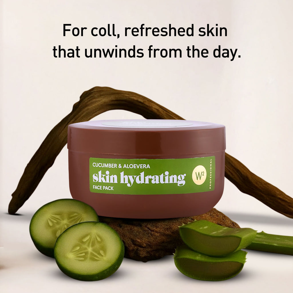 Jar of skin hydrating face pack with cucumber slices and aloe vera on a neutral background