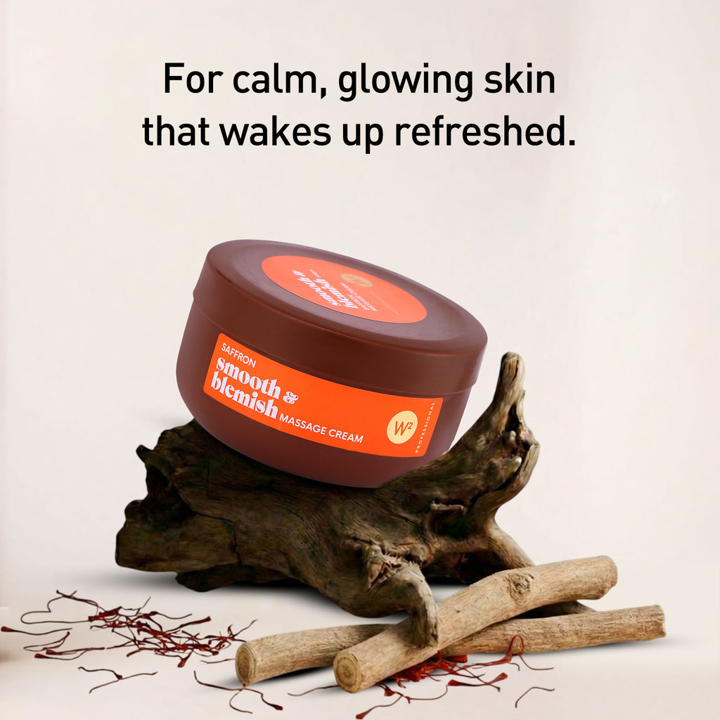 Jar of massage cream on a natural wood background with text about skin care.