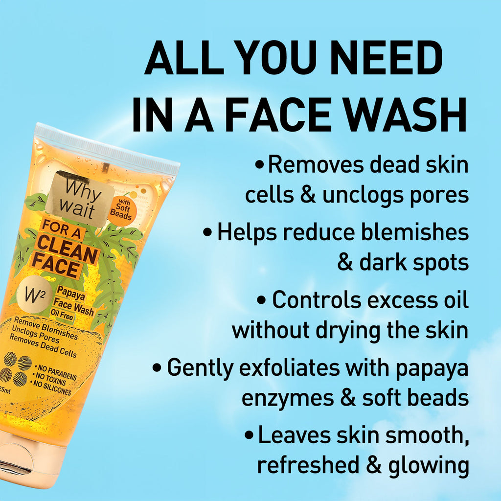 Papaya Face Wash tube with text on a blue background