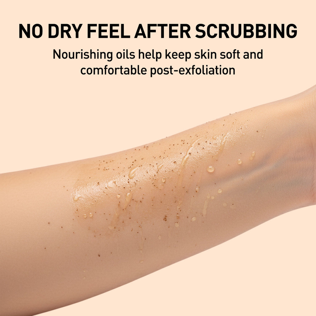 Exfoliated arm with text about nourishing oils for skin comfort after exfoliation.