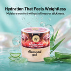 Diamond gel container with aloe vera leaves and water droplets on a light blue background