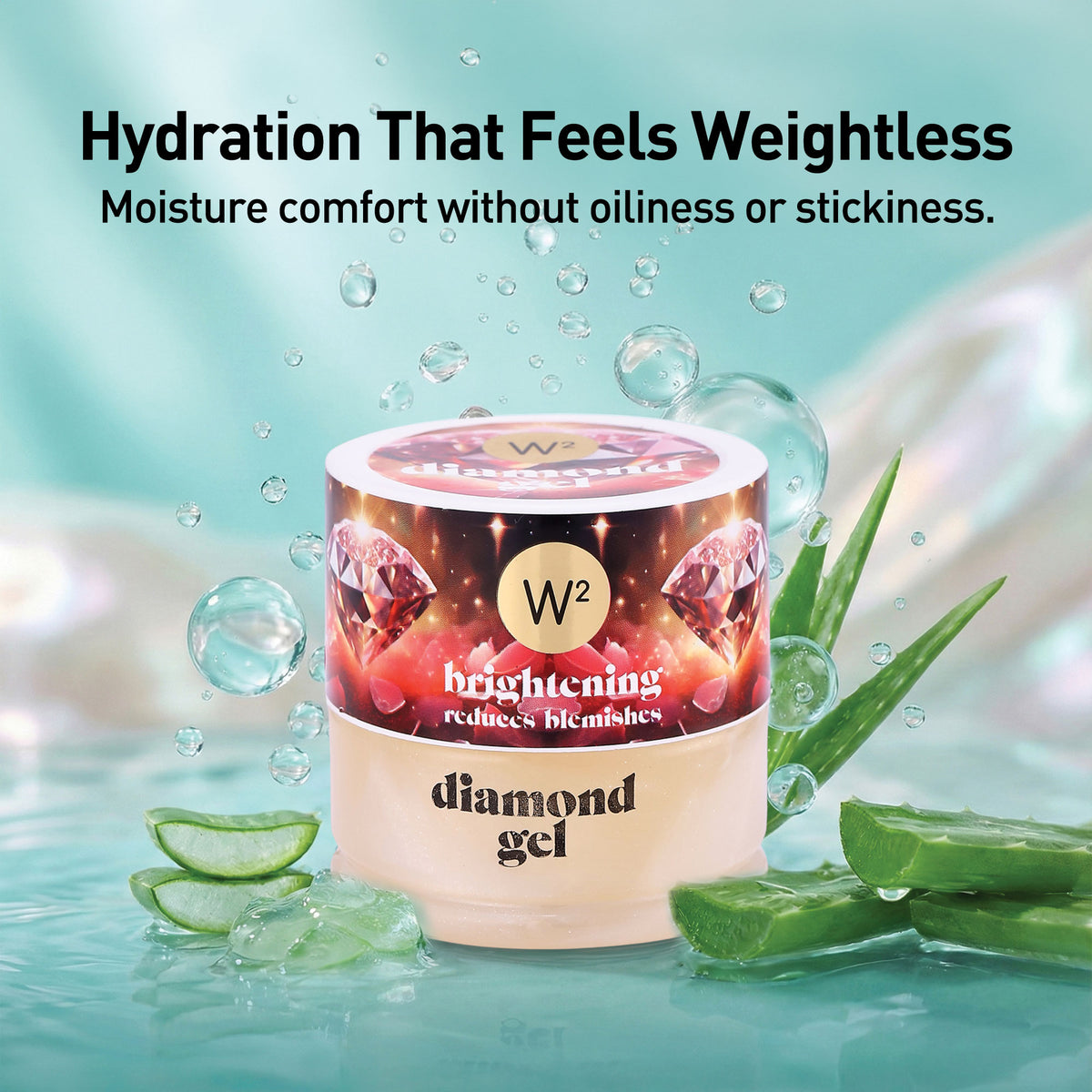 Diamond gel container with aloe vera leaves and water droplets on a light blue background