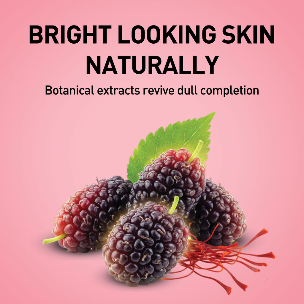 Mulberries with leaves on a pink background and text about botanical extracts for bright skin.