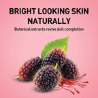 Mulberries with leaves on a pink background and text about botanical extracts for bright skin.