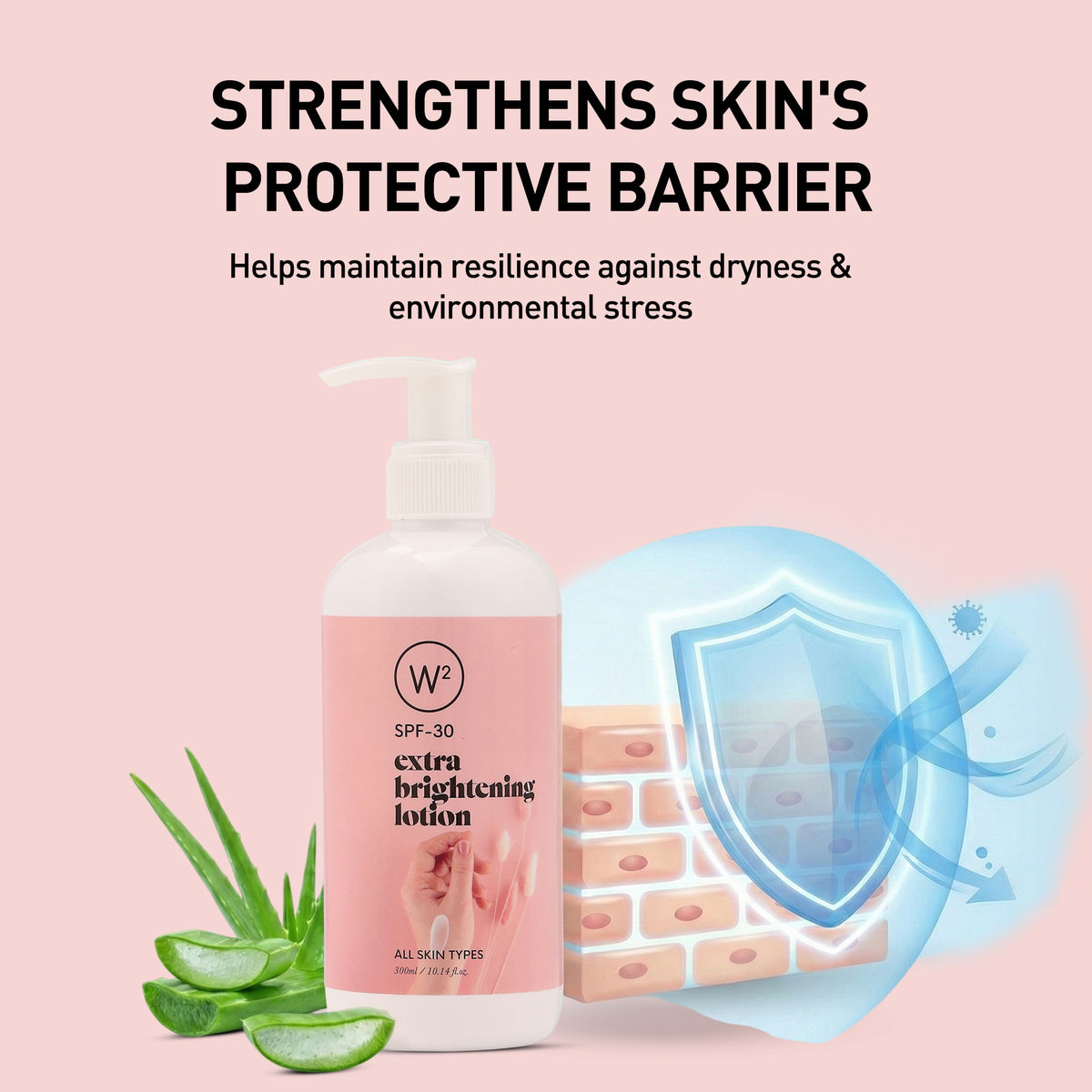 Lotion bottle with aloe vera leaves and shield graphic on a pink background