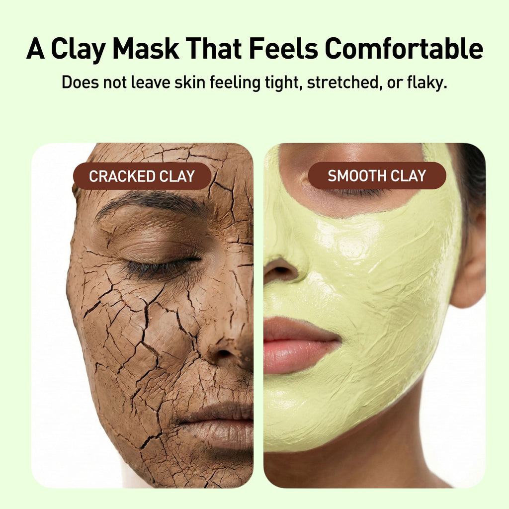 Comparison of cracked clay mask and smooth clay mask on a person's face with text highlighting benefits.