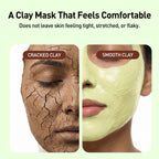 Comparison of cracked clay mask and smooth clay mask on a person's face with text highlighting benefits.