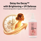 Product advertisement for 'Delay the Decay' with a bottle and clock illustration on a pink background