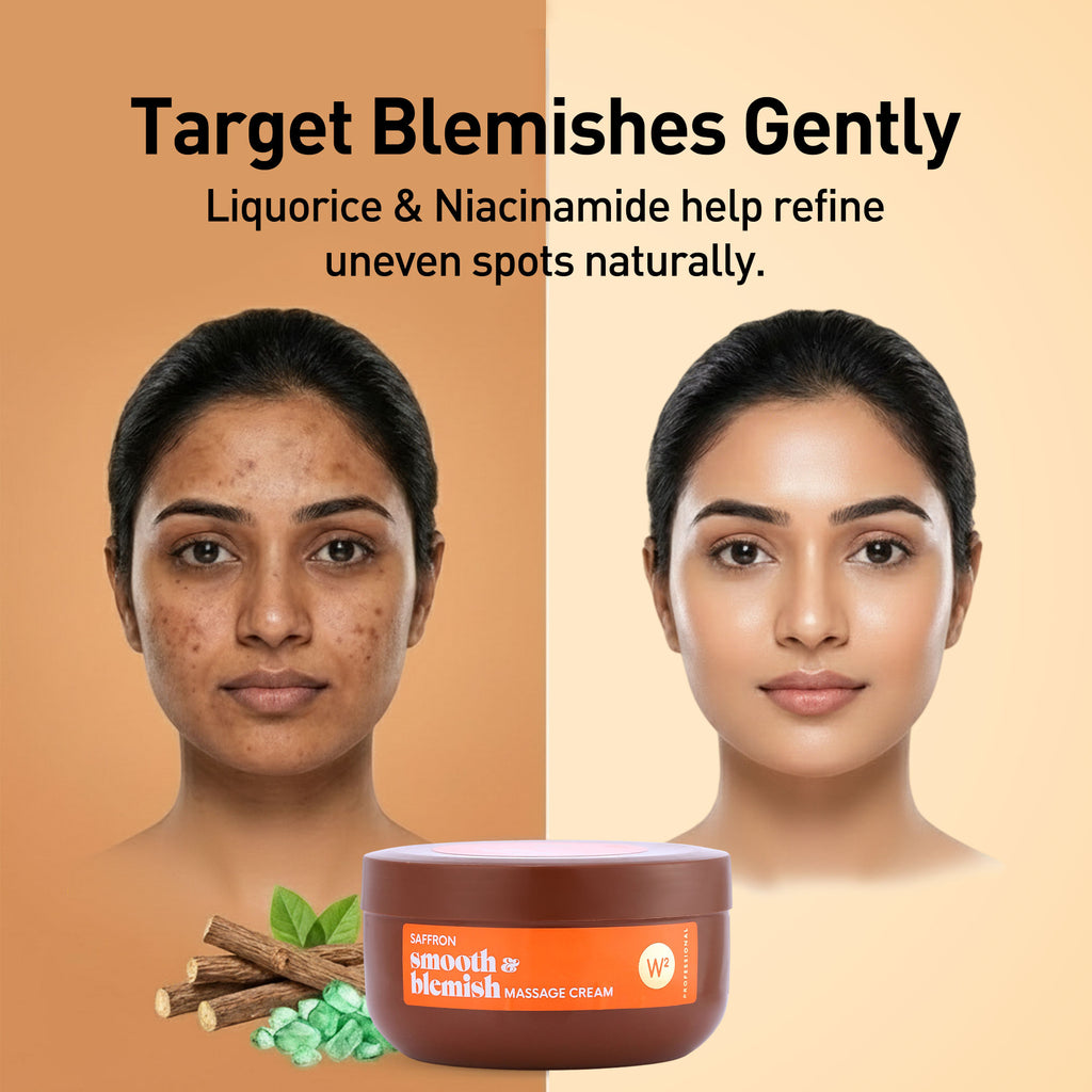 Before and after comparison of a woman's face with a jar of smooth & blemish massage cream on a beige background.