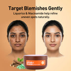 Before and after comparison of a woman's face with a jar of smooth & blemish massage cream on a beige background.