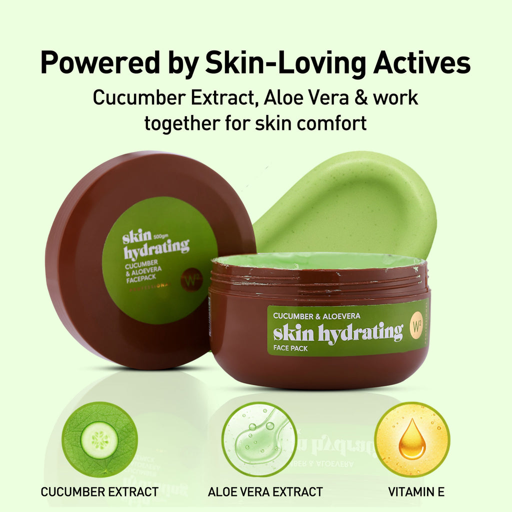 Cucumber and aloe vera skin hydrating face pack with text on a light green background