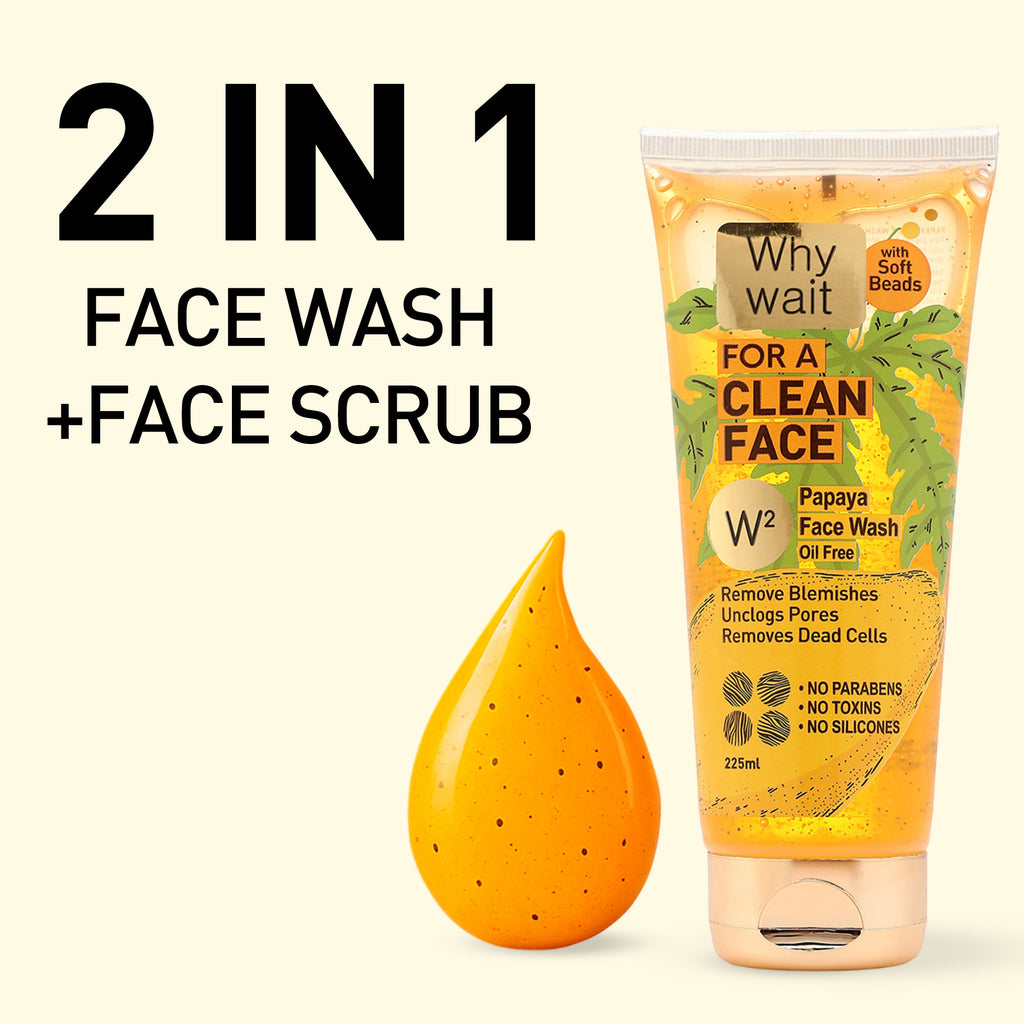 2-in-1 face wash and scrub with papaya extract on a beige background