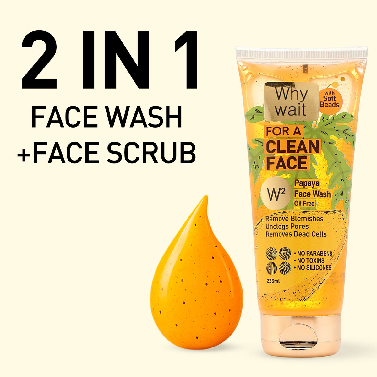 2-in-1 face wash and scrub with papaya extract on a beige background