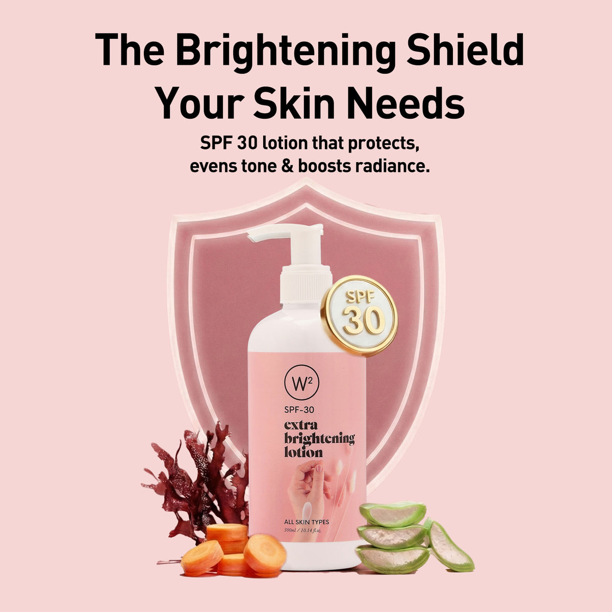 SPF 30 lotion bottle with shield graphic and text on a pink background