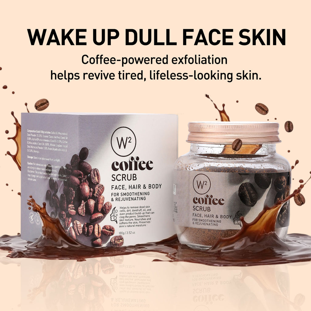 W2 Coffee Scrub packaging with coffee beans and exfoliating elements on a beige background.