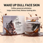 W2 Coffee Scrub packaging with coffee beans and exfoliating elements on a beige background.