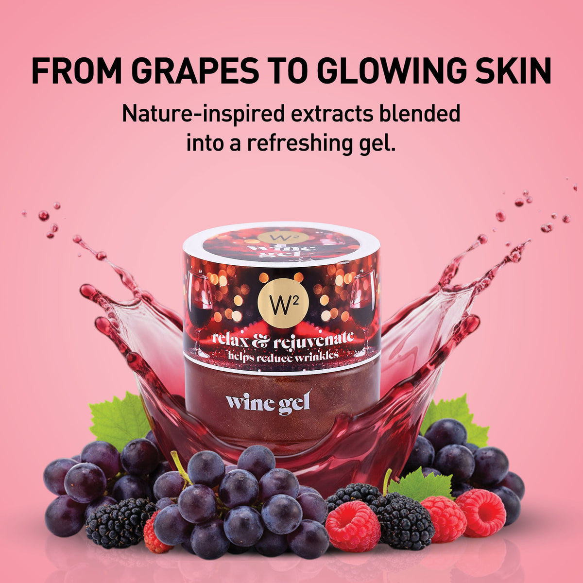 Wine gel jar with grapes and berries on a pink background, promoting a skin care product.