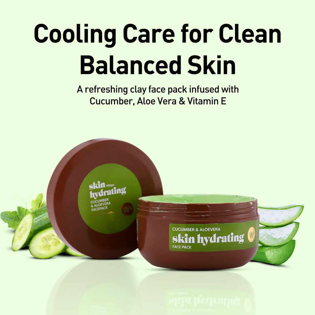 Jar of skin hydrating face pack with cucumber and aloe vera slices on a light green background