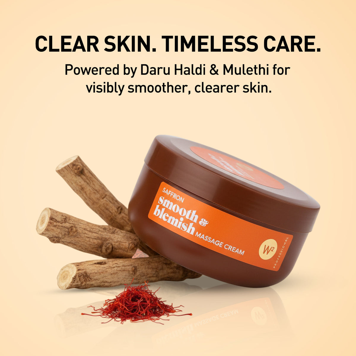 Brown jar of massage cream with saffron and wood on a beige background, promoting clear skin care.