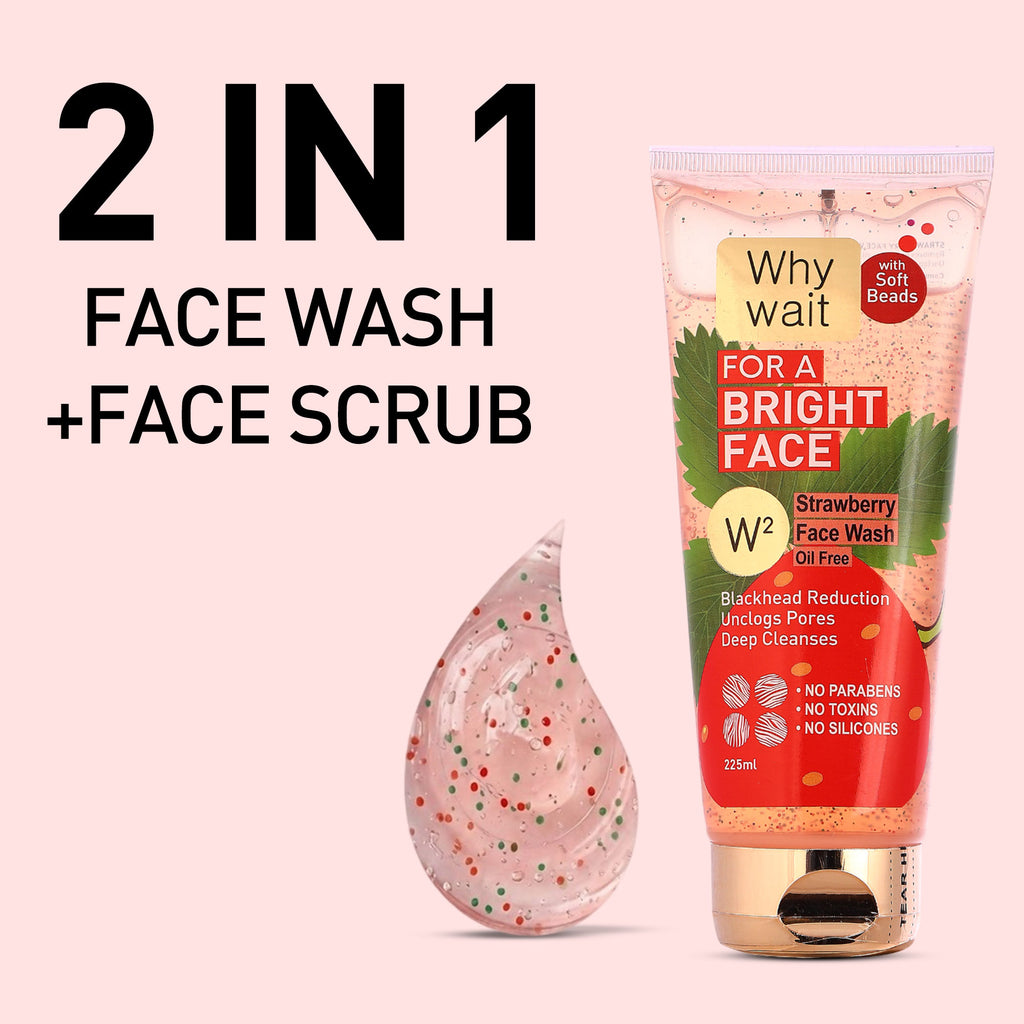 Tube of strawberry face wash with text '2 in 1 Face Wash + Face Scrub' on a pink background