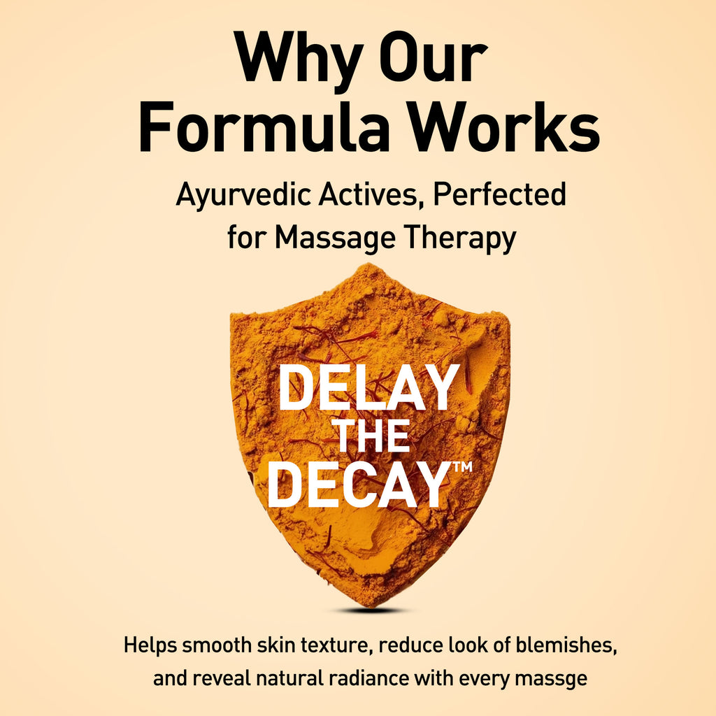 Promotional graphic for a massage therapy product with Ayurvedic actives on a beige background.
